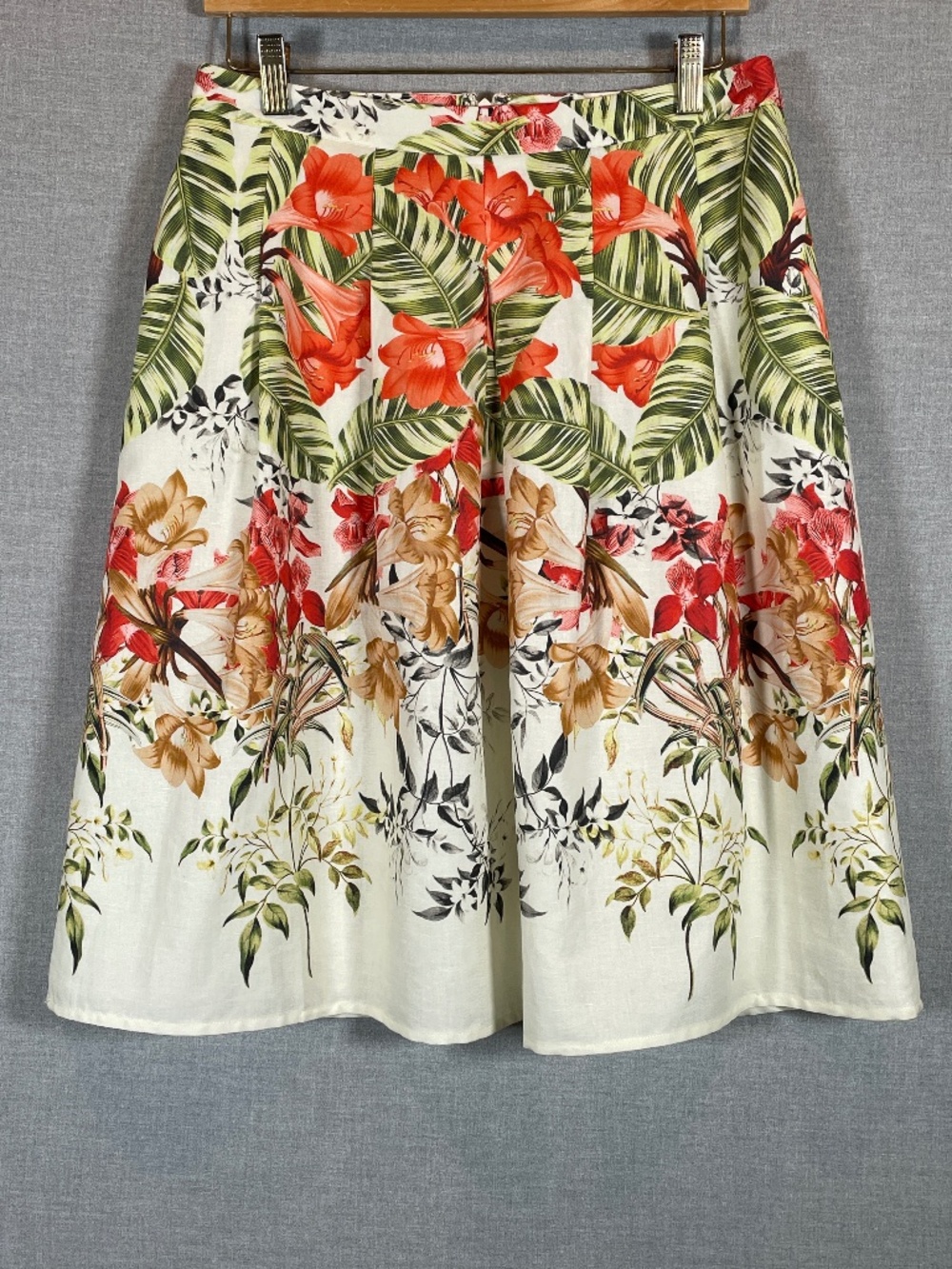 Talbots Linen Blend Skirt 8P Petite Tropical Floral Pleated Midi A-Line Lined